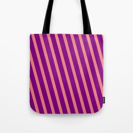 [ Thumbnail: Light Coral and Purple Colored Lined Pattern Tote Bag ]