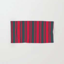 [ Thumbnail: Dark Slate Gray & Crimson Colored Striped/Lined Pattern Hand & Bath Towel ]