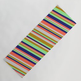 [ Thumbnail: Midnight Blue, Red, Light Grey, Dark Goldenrod & Light Green Colored Lined/Striped Pattern Yoga Mat ]