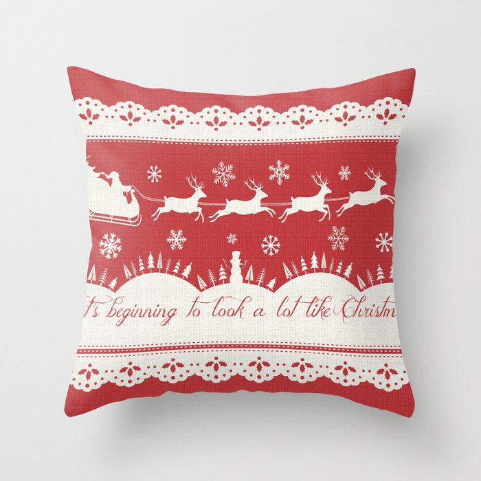 Vintage Santa S Sleigh And Reindeer Christmas Design Throw Pillow