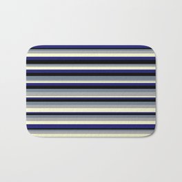 [ Thumbnail: Colorful Slate Gray, Dark Gray, Light Yellow, Midnight Blue, and Black Colored Lined/Striped Pattern Bath Mat ]