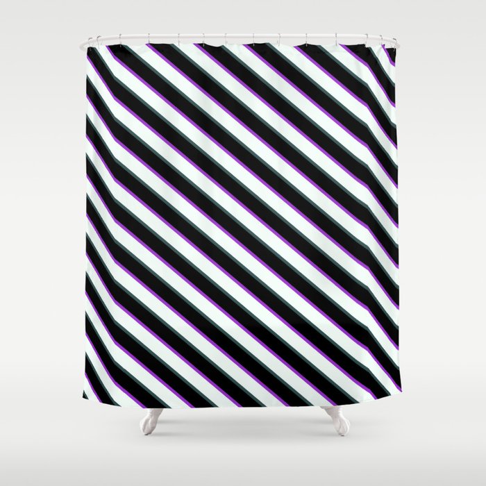 Dark Orchid, Mint Cream, Dark Slate Gray & Black Colored Lined/Striped Pattern Shower Curtain