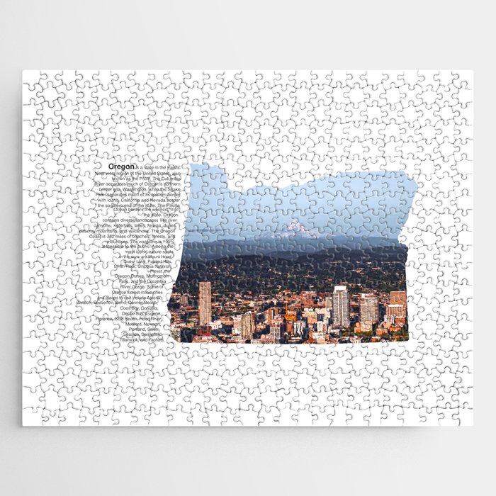 Oregon Minimalist Map | Portland Skyline and Mount Hood Jigsaw Puzzle