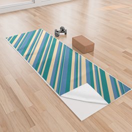 [ Thumbnail: Tan, Teal & Blue Colored Lines/Stripes Pattern Yoga Towel ]