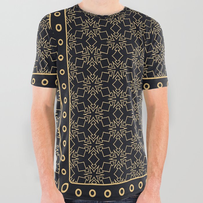Black and gold abstract graphic pattern. Geometric ornament with frame, border. Line art, lace, embroidery background. Bandanna, shawl, scarf, tablecloth design All Over Graphic Tee
