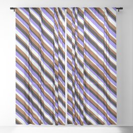 [ Thumbnail: Medium Slate Blue, Mint Cream, Brown & Black Colored Lined Pattern Sheer Curtain ]
