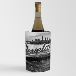 Cleveland Ohio Sign Lake Erie Skyline Black White Print Wine Chiller