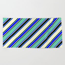 [ Thumbnail: Aquamarine, Blue, Light Yellow & Black Colored Lined Pattern Beach Towel ]