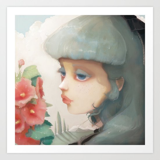 Pensees et roses tremieres Art Print