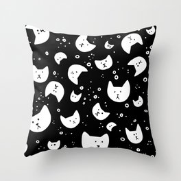 Cat heads floating on a black background Throw Pillow
