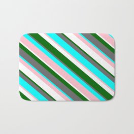 [ Thumbnail: Eyecatching Dark Green, Dim Grey, Aqua, Pink & White Colored Lines/Stripes Pattern Bath Mat ]
