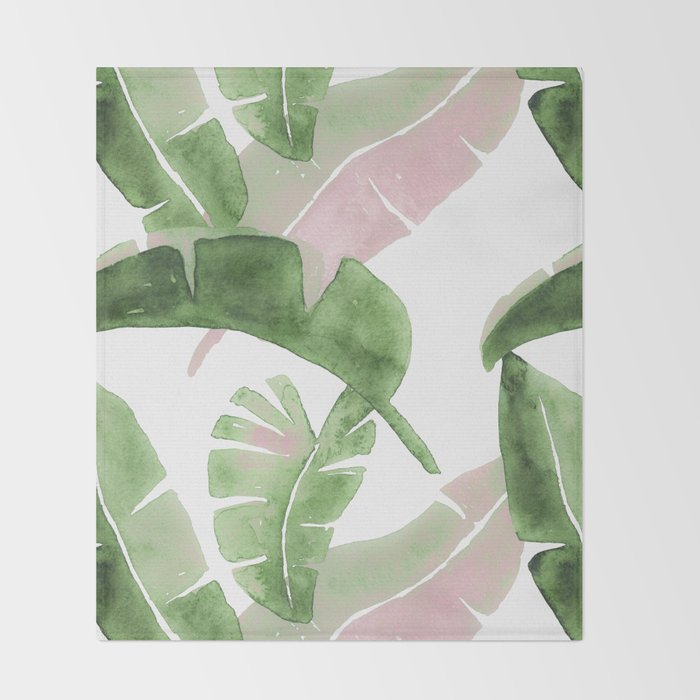 Tropical Leaves Green And Pink Throw Blanket by wheimay Society6