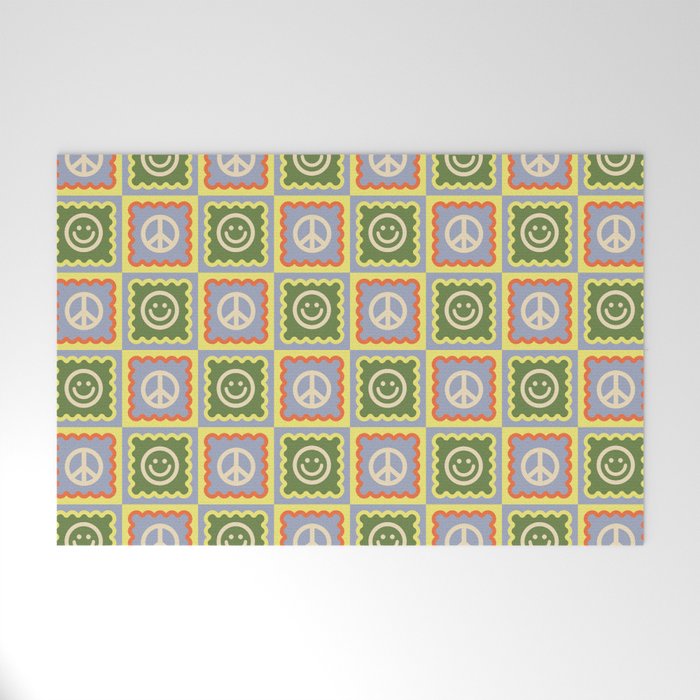 Funky Checkered Smileys and Peace Symbol Pattern \\ Multicolor Welcome Mat