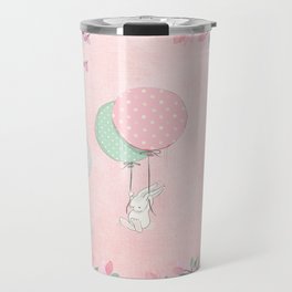 Cute flying Bunny with Balloon and Flower Rabbit Animal on pink floral background Travel Mug