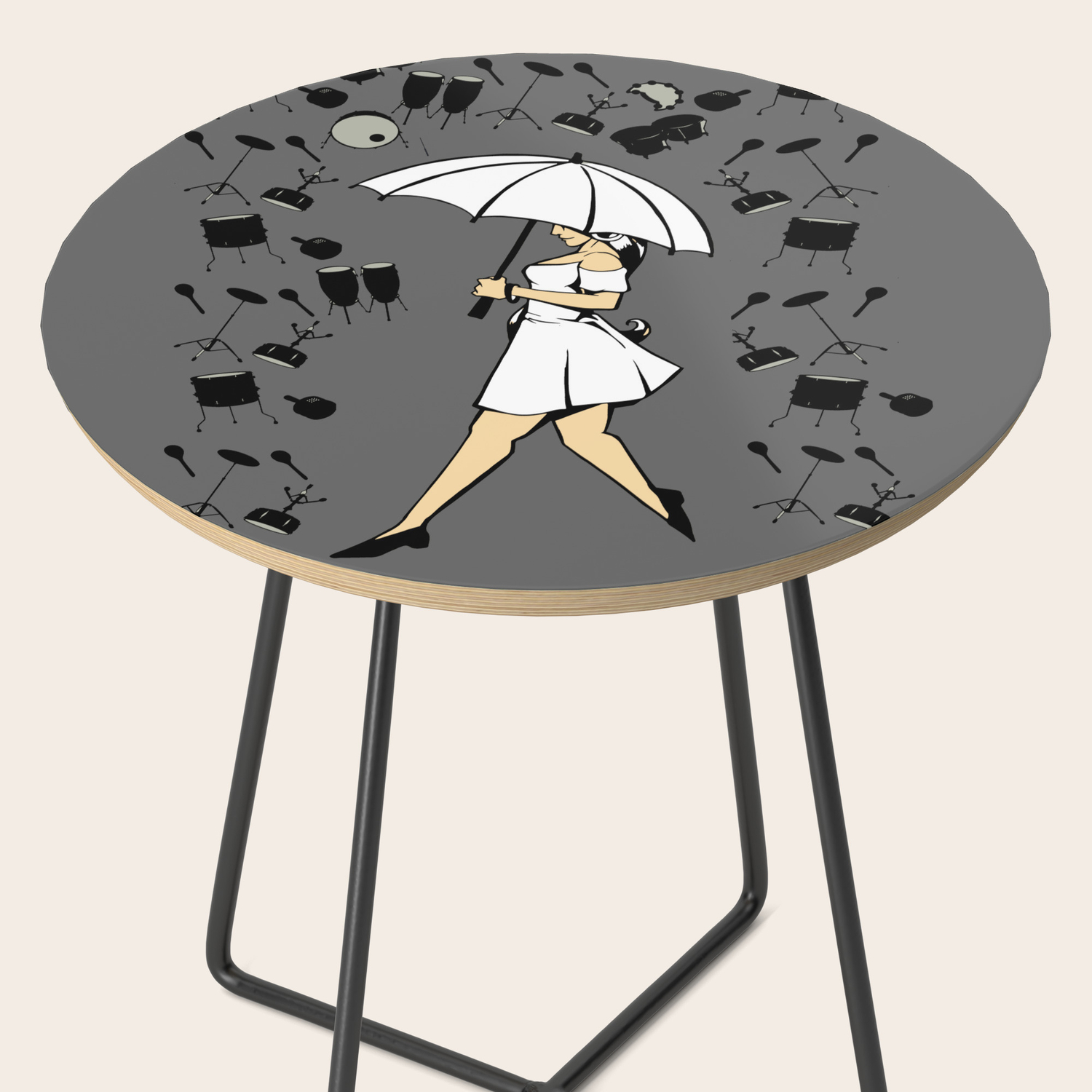 Music Art Drums And Woman With Umbrella In The Rain Cartoon Style Side Table By Hypedesigns