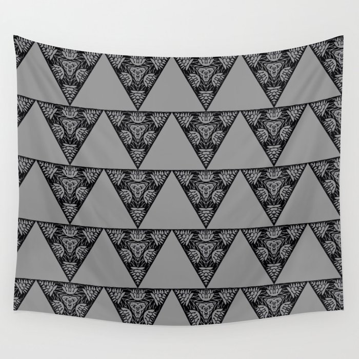 Abstract Damask Floral Triangle Gray And Black Geometric Shape Pattern Wall Tapestry By Colormehappy