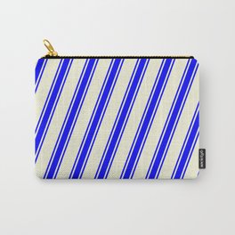 [ Thumbnail: Beige and Blue Colored Lined/Striped Pattern Carry-All Pouch ]