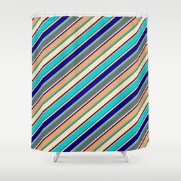 [ Thumbnail: Eye-catching Brown, Dark Turquoise, Dim Grey, Beige & Blue Colored Striped Pattern Shower Curtain ]