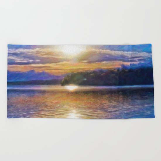 Sun Rising Over Lake - Art Edit Beach Towel