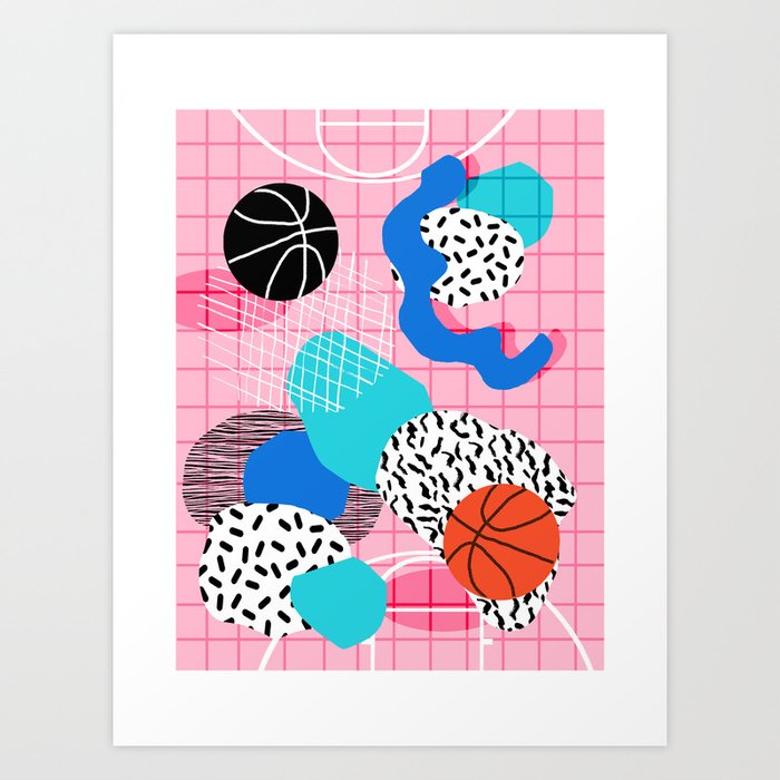 Hot Hand - memphis retro throwback neon grid pattern minimal modern pop art basketball sports Art Print