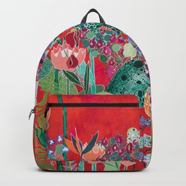 Red floral Jungle Garden Botanical featuring Proteas, Reeds, Eucalyptus, Ferns and Birds of Paradise Backpack | Bloom, Spring, Plant, Summer, Nature, Flora, Pattern, Red, Landscape, Floral 