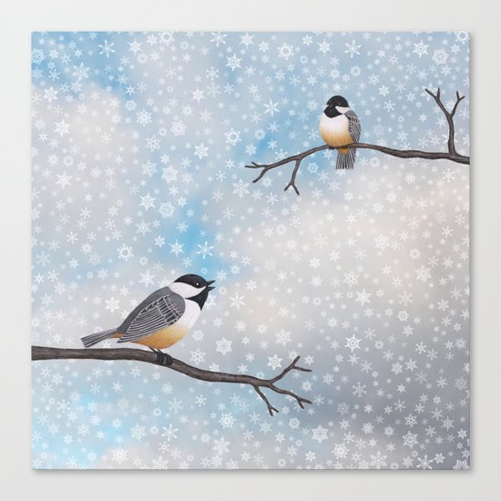 chickadees in snow Canvas Print