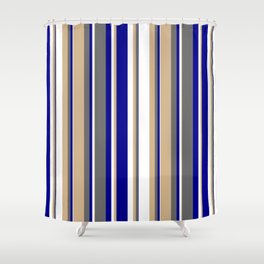 [ Thumbnail: Tan, Dim Grey, Dark Blue & White Colored Striped/Lined Pattern Shower Curtain ]