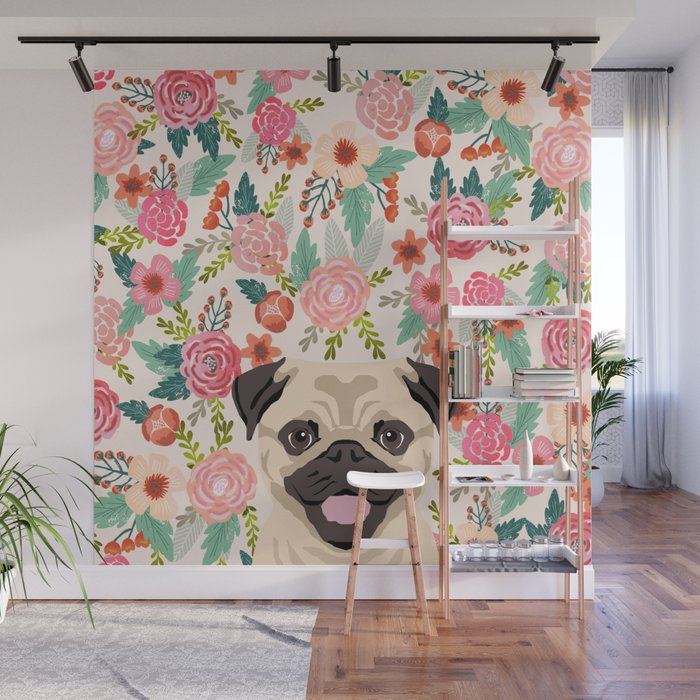 Pug floral dog portrait Pug dog peeking face gifts for dog lover pugs Wall Mural