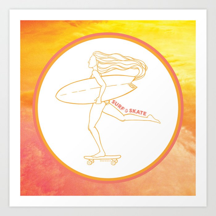 Surf Skate Cruise | California Skater Surfer Girl Design | Beach Inspired Artwork | Peach Orange Sun Aesthetic Art Print