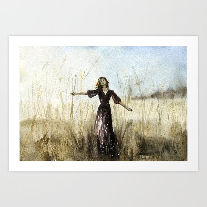 Girl In The Field Sunny Autumn Watercolor Painting Sketch Art