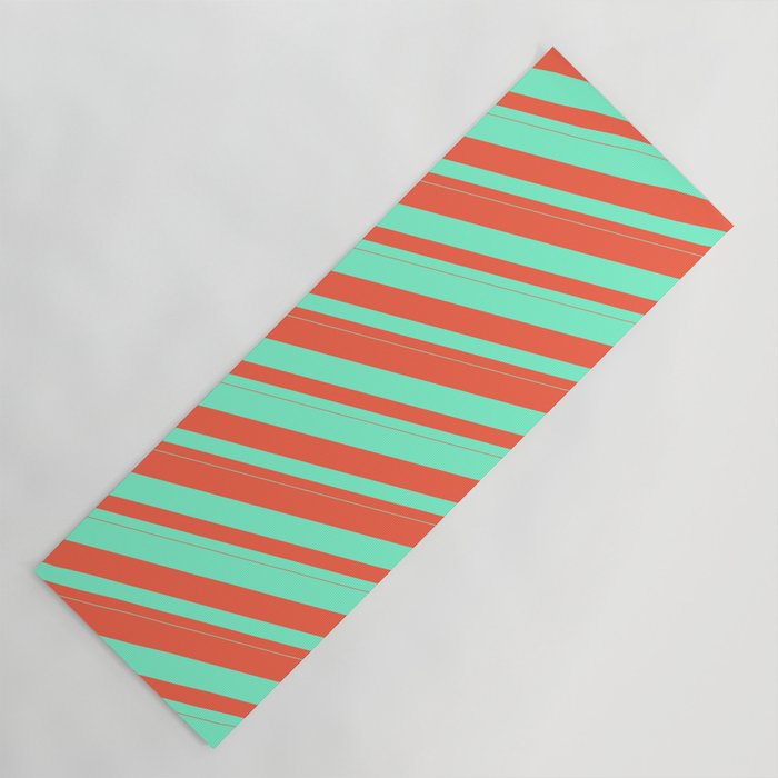 Red & Aquamarine Colored Stripes Pattern Yoga Mat