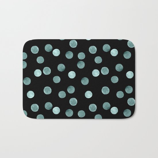 Blue polka dots on a black background . Watercolor pattern . Bath Mat