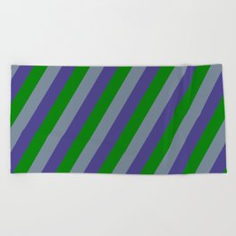 [ Thumbnail: Light Slate Gray, Dark Slate Blue & Green Colored Lines/Stripes Pattern Beach Towel ]