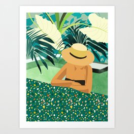 Chill, Modern Bohemian Black Woman Travel Illustration | Terrazzo Tropical Swimming Pool Fashion Art Print