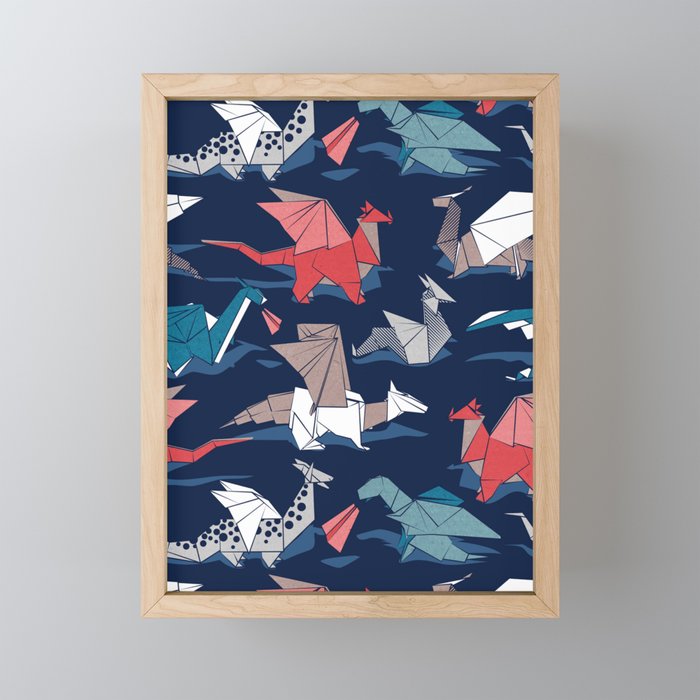 Origami dragon friends // oxford navy blue background blue red grey and taupe fantastic creatures Framed Mini Art Print