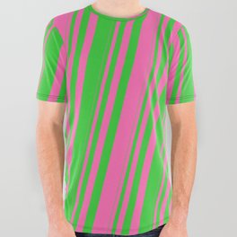 [ Thumbnail: Hot Pink & Lime Green Colored Striped/Lined Pattern All Over Graphic Tee ]