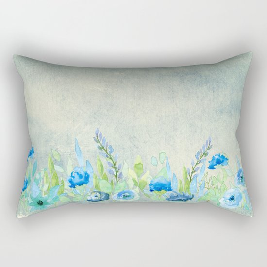 Blue flowers and roses in a meadow- Floral watercolor illustration Rectangular Pillow