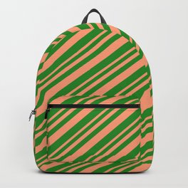 [ Thumbnail: Light Salmon & Forest Green Colored Lined Pattern Backpack ]