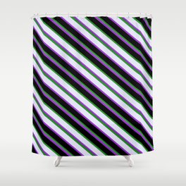 [ Thumbnail: Forest Green, Lavender, Dark Orchid, and Black Colored Striped Pattern Shower Curtain ]