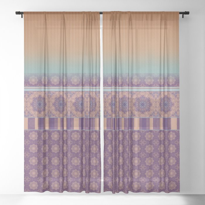 Purple Teal Orange Boho Mandala Tile Ombre Mixed Pattern Sheer Curtain