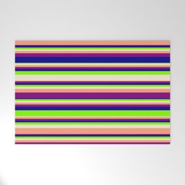 [ Thumbnail: Vibrant Chartreuse, Beige, Light Salmon, Purple & Dark Blue Colored Lines/Stripes Pattern Welcome Mat ]