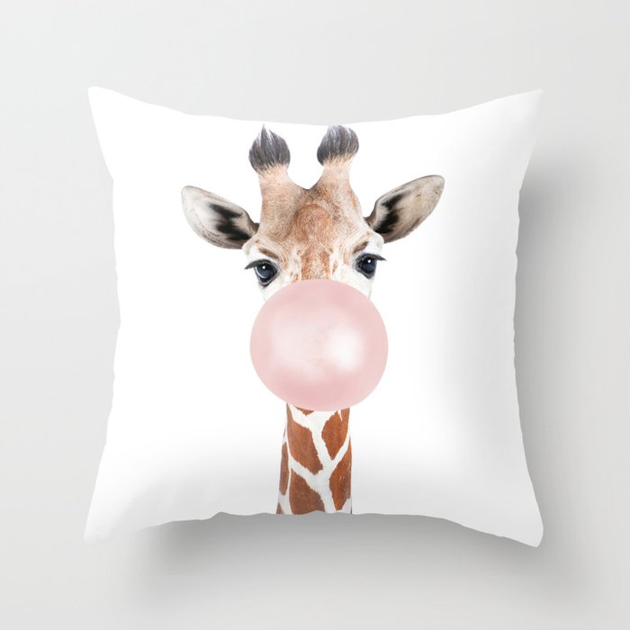 Bubble gum giraffe Throw Pillow