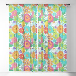 Retro Groovy Hippie Flowers Pattern Sheer Curtain