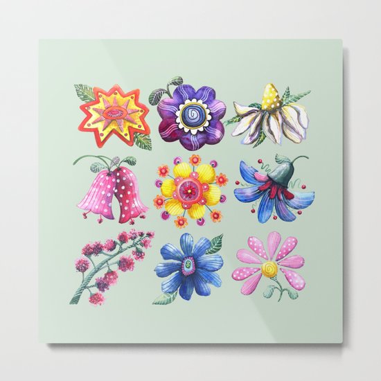 Pretty Flowers All in a Row Green Metal Print