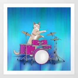 Cat Playing Drums - Blue Art Print
