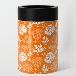 Orange And White Coral Silhouette Pattern Can Cooler