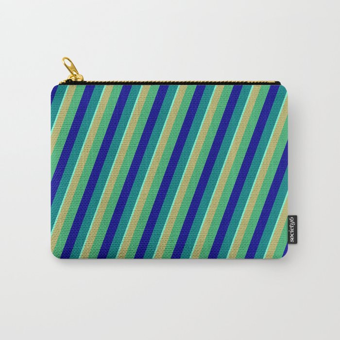 Vibrant Dark Khaki, Sea Green, Dark Blue, Teal & Aquamarine Colored Striped Pattern Carry-All Pouch