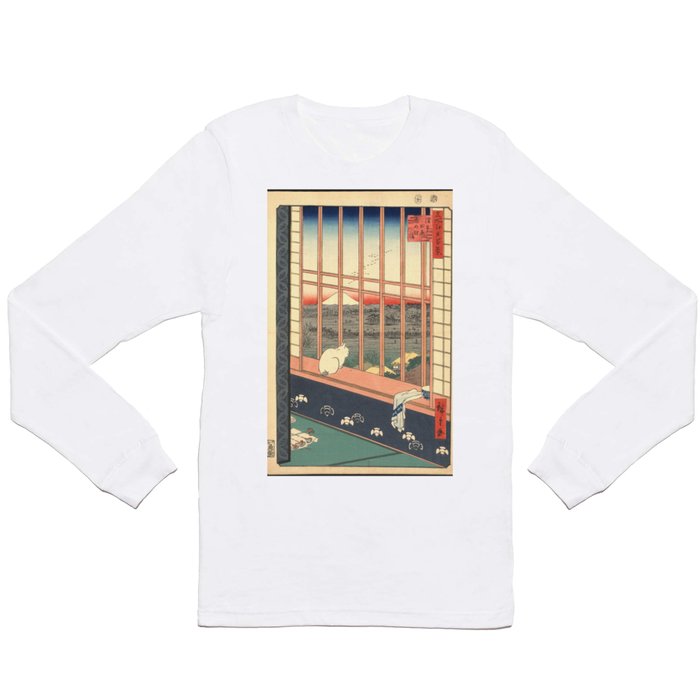 Cat sitting on a Wall with view of Mount Fuji by Hiroshige Funky Quirky Cute Cozy Maximalism Long Sleeve T Shirt
