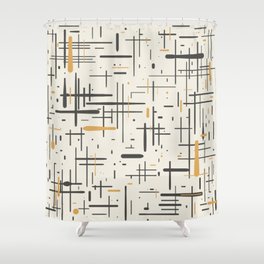 Mid-Century Modern Kinetikos Pattern in Charcoal Gray, Muted Mustard Gold, and Cream Shower Curtain