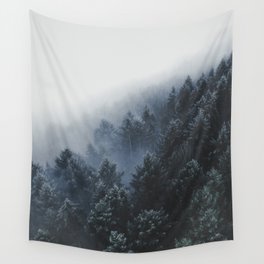 Snowy Evergreen Forest Fog (Color) Wall Tapestry